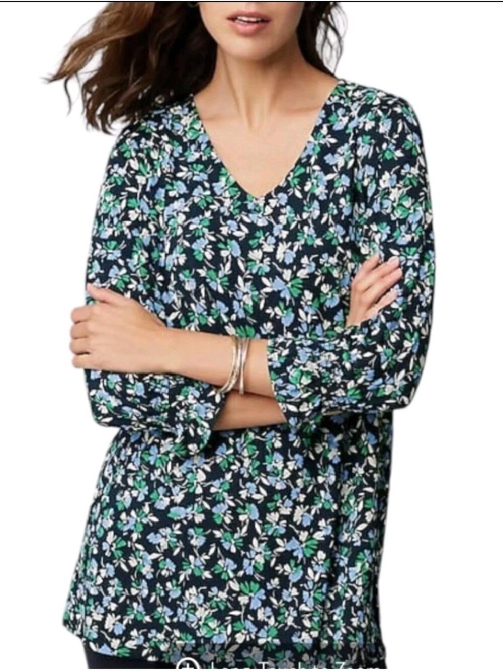 J.Jill L Womens Wearever Navy Blue Green Floral V-Neck Ruffle Sleeve Tunic Top